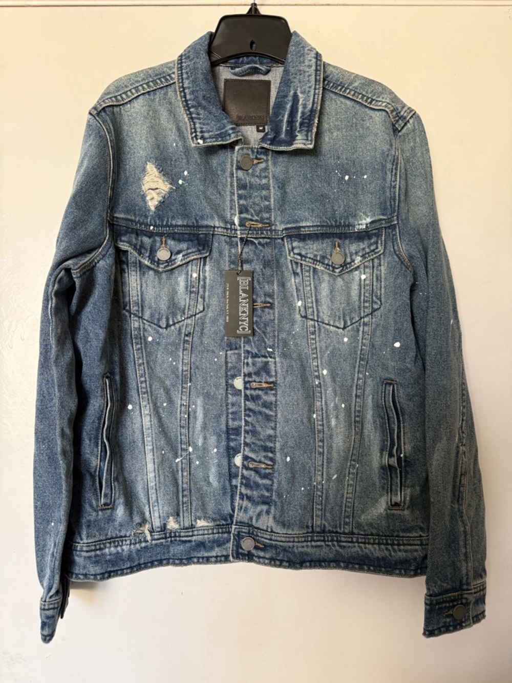 Blank NYC Blue Distressed Denim Jacket with Paint-Splatter
